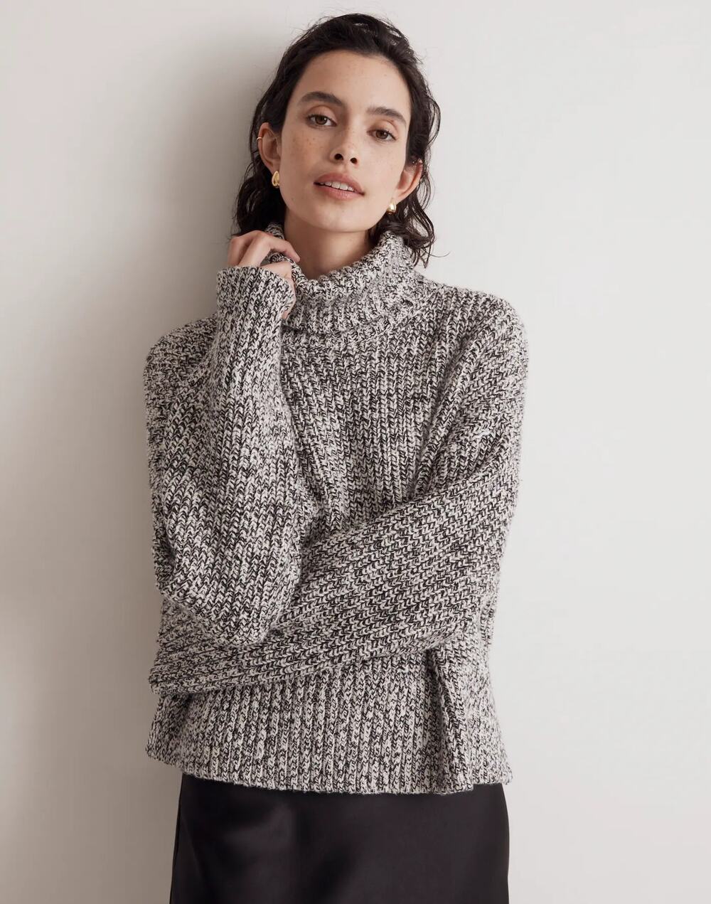 Madewell Black White Marled Wide Rib Turtleneck Relaxed Fit Sweater XS